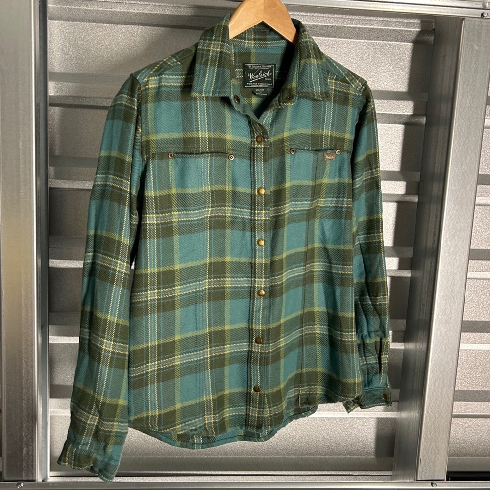 Woolrich Flannel Shirt Womens M Green Plaid Snap Front Cabin Gorpcore Outdoors